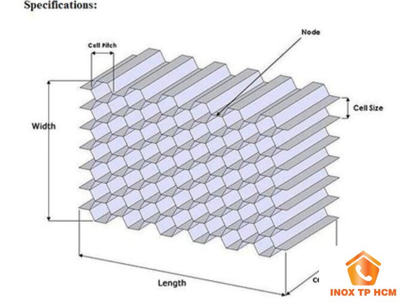 Hình vẽ chi tiết thông số kỹ thuật của tấm ốp nhôm tổ ong, bao gồm độ dày, cấu trúc và chất liệu